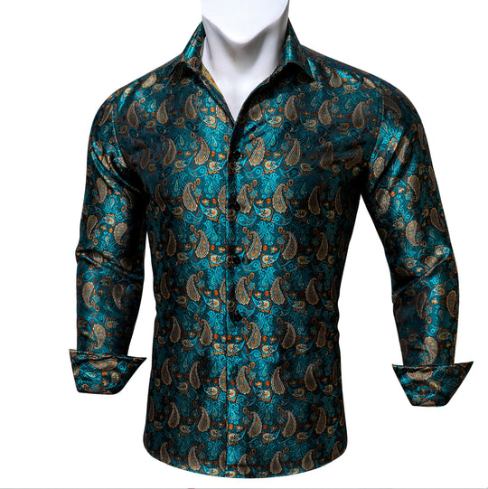 Green Orange Peacock Paisley Men's Shirt- CY-0434 - SimonVon Shop