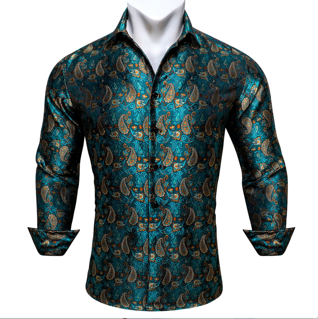 Green Orange Peacock Paisley Men's Shirt- CY-0434 - SimonVon Shop