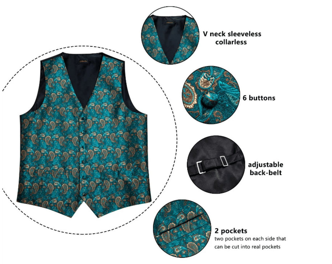 Green Peacock 4 PC Paisley Waistcoat and Necktie Pocket Square Cufflink Vest Set- MJ-0125 - SimonVon Shop