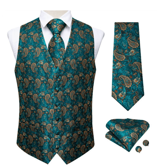 Green Peacock 4 PC Paisley Waistcoat and Necktie Pocket Square Cufflink Vest Set- MJ-0125 - SimonVon Shop