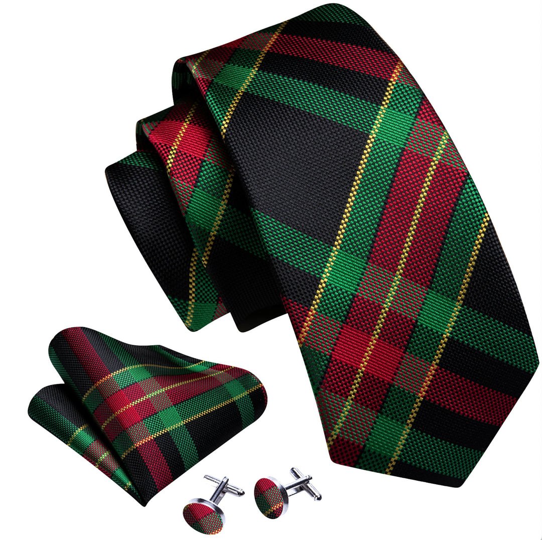 Green Red Striped Silk Tie Pocket Square Cufflinks Set- N-6524 - SimonVon Shop