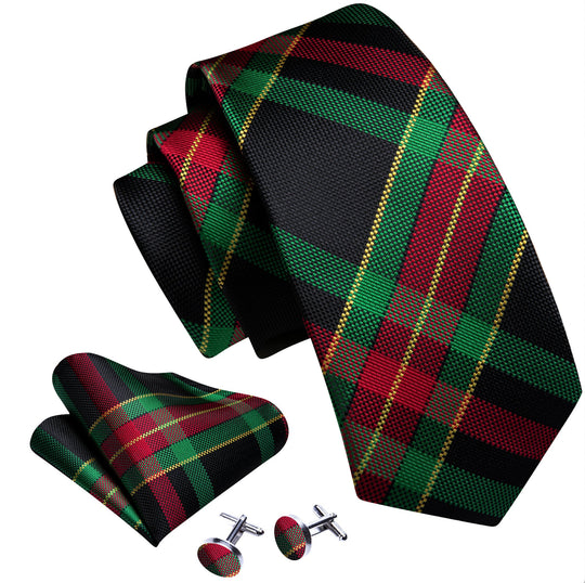 Green Red Striped Silk Tie Pocket Square Cufflinks Set- N-6524 - SimonVon Shop