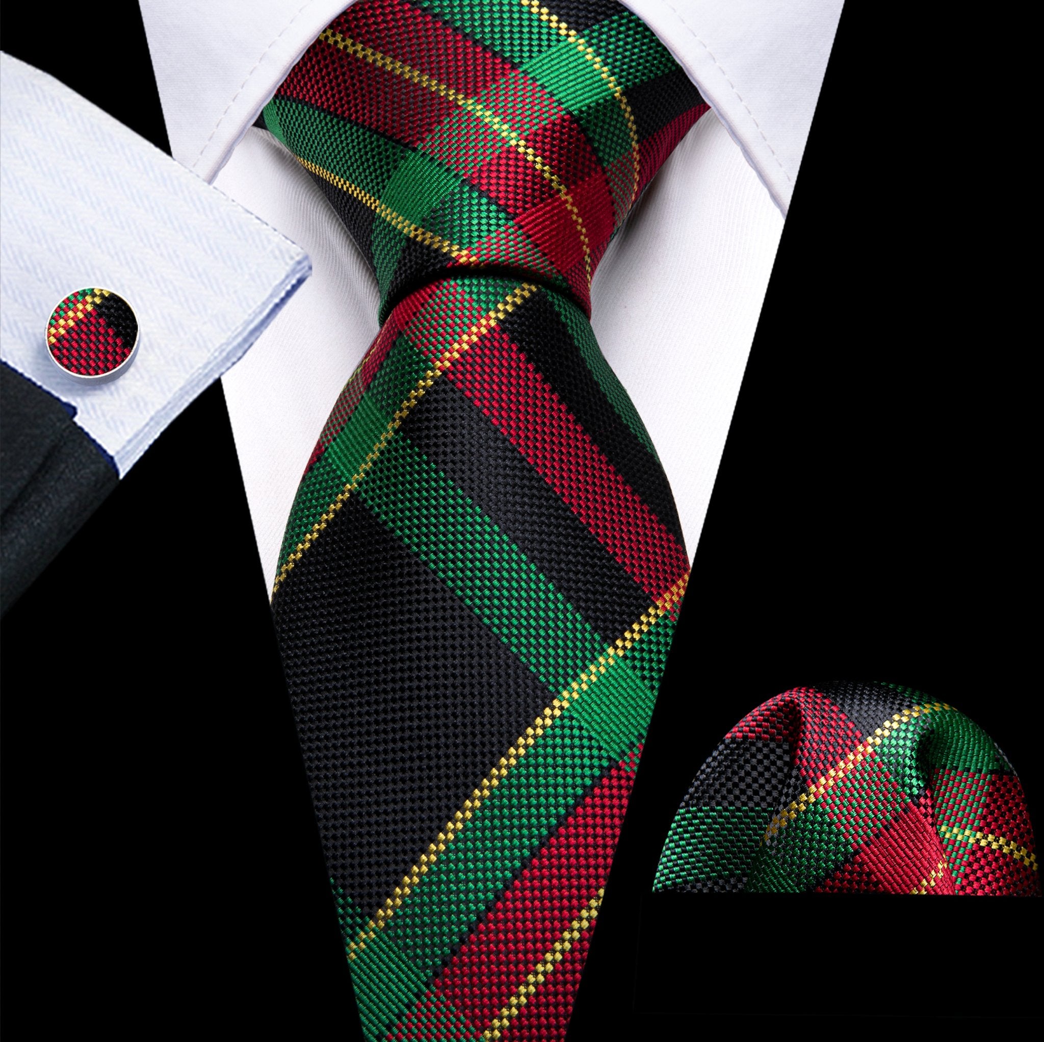 Green Red Striped Silk Tie Pocket Square Cufflinks Set- N-6524 - SimonVon Shop