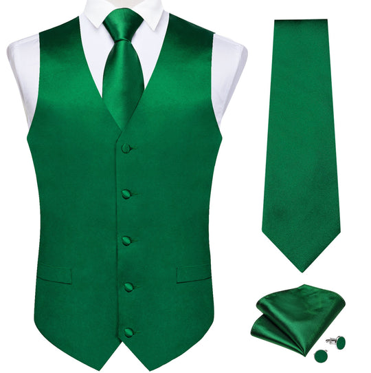 GREEN SOLID SATIN WAISTCOAT VEST TIE HANDKERCHIEF CUFFLINKS SET- MD-0316 - SimonVon Shop