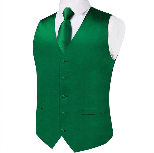 GREEN SOLID SATIN WAISTCOAT VEST TIE HANDKERCHIEF CUFFLINKS SET- MD-0316 - SimonVon Shop