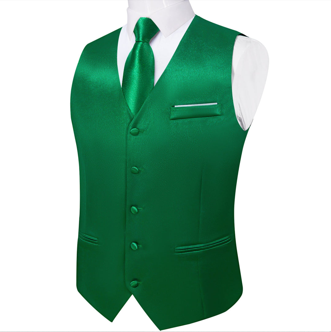 Green Solid Satin Waistcoat Vest Tie Handkerchief Cufflinks Set- MJ-0628 - SimonVon Shop