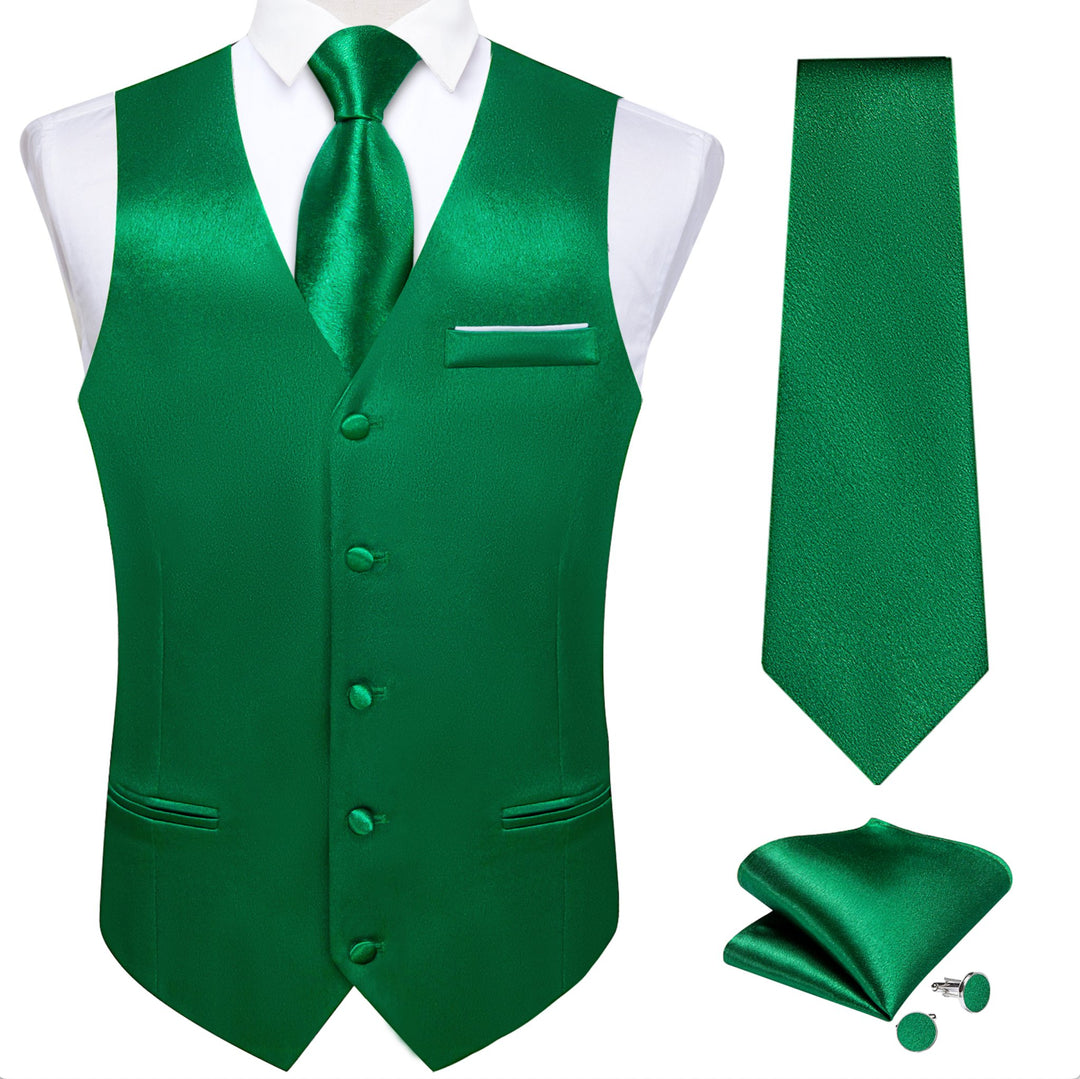 Green Solid Satin Waistcoat Vest Tie Handkerchief Cufflinks Set- MJ-0628 - SimonVon Shop