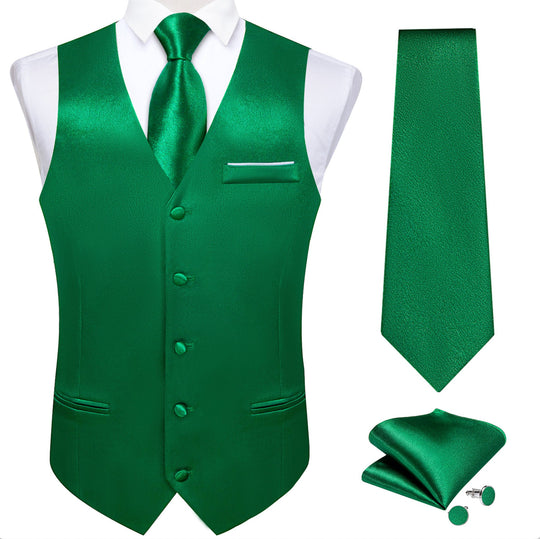 Green Solid Satin Waistcoat Vest Tie Handkerchief Cufflinks Set- MJ-0628 - SimonVon Shop