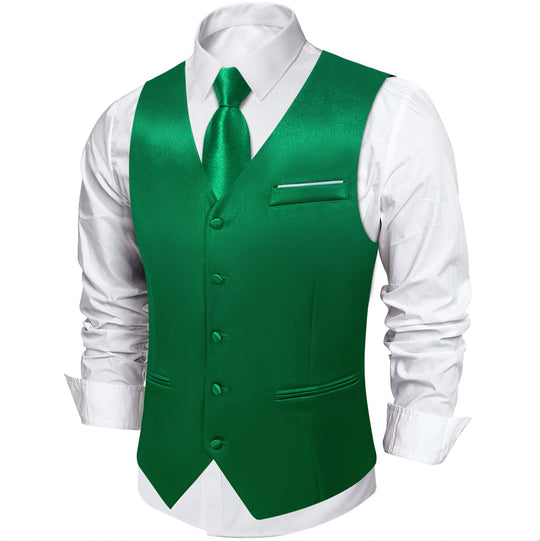 Green Solid Satin Waistcoat Vest Tie Handkerchief Cufflinks Set- MJ-0628 - SimonVon Shop