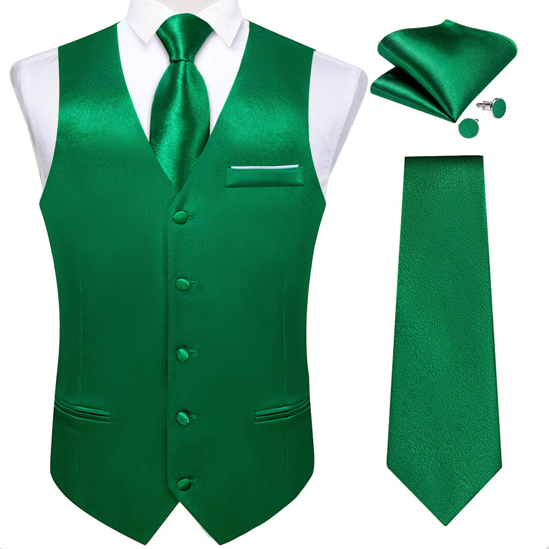 Green Solid Satin Waistcoat Vest Tie Handkerchief Cufflinks Set- MJ-0628 - SimonVon Shop