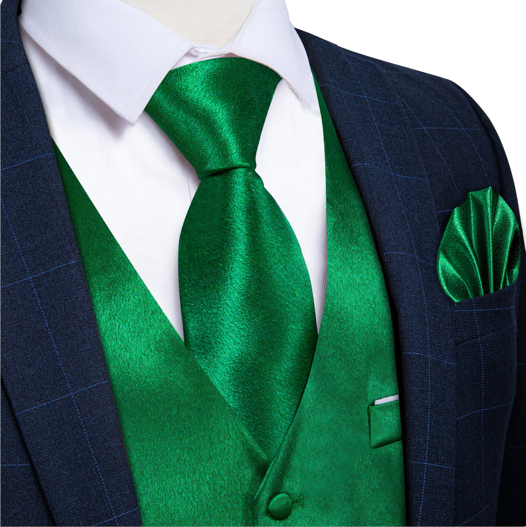 Green Solid Satin Waistcoat Vest Tie Handkerchief Cufflinks Set- MJ-0628 - SimonVon Shop