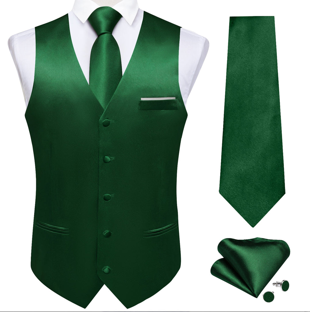 Green Solid Satin Waistcoat Vest Tie Handkerchief Cufflinks Set- MJ-0639 - SimonVon Shop