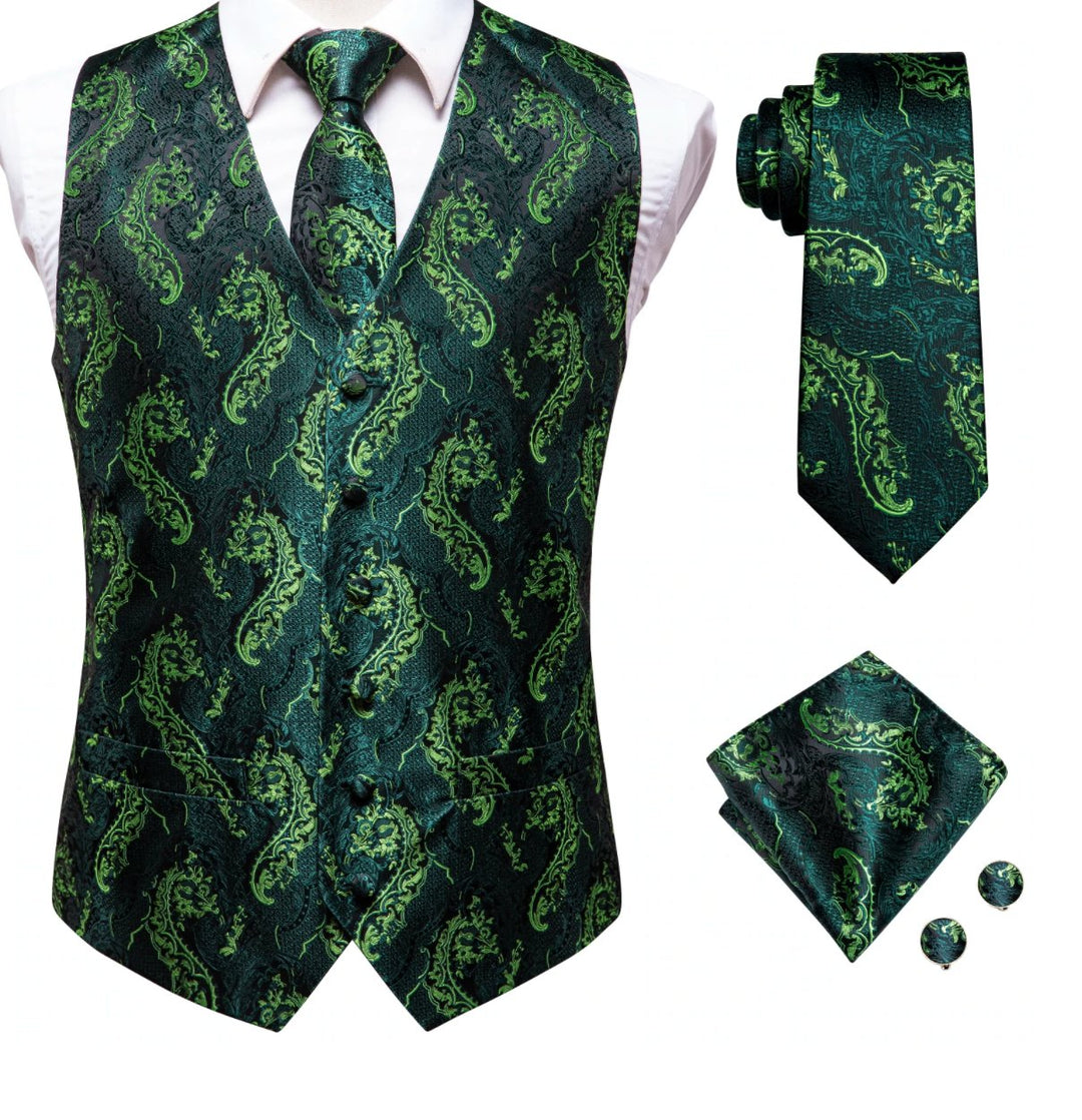 Green Yellow 4 PC Paisley Waistcoat and Necktie Pocket Square Cufflink Vest Set- MJ-0025 - SimonVon Shop