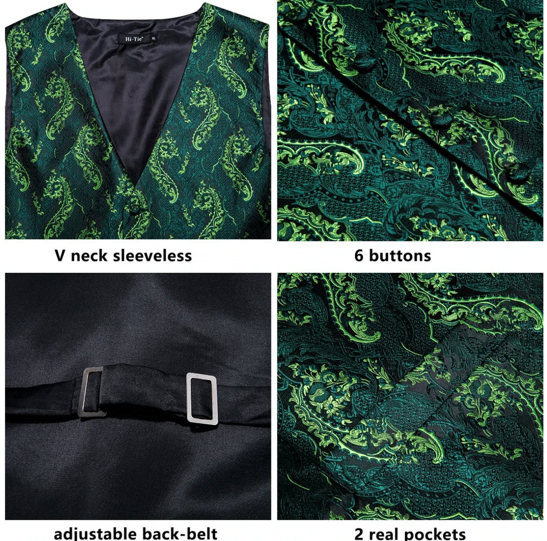 Green Yellow 4 PC Paisley Waistcoat and Necktie Pocket Square Cufflink Vest Set- MJ-0025 - SimonVon Shop