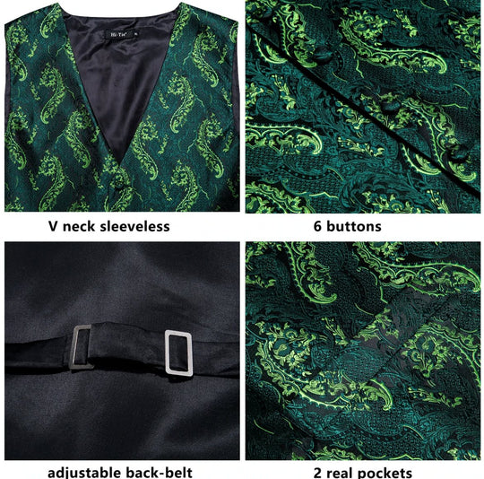 Green Yellow 4 PC Paisley Waistcoat and Necktie Pocket Square Cufflink Vest Set- MJ-0025 - SimonVon Shop