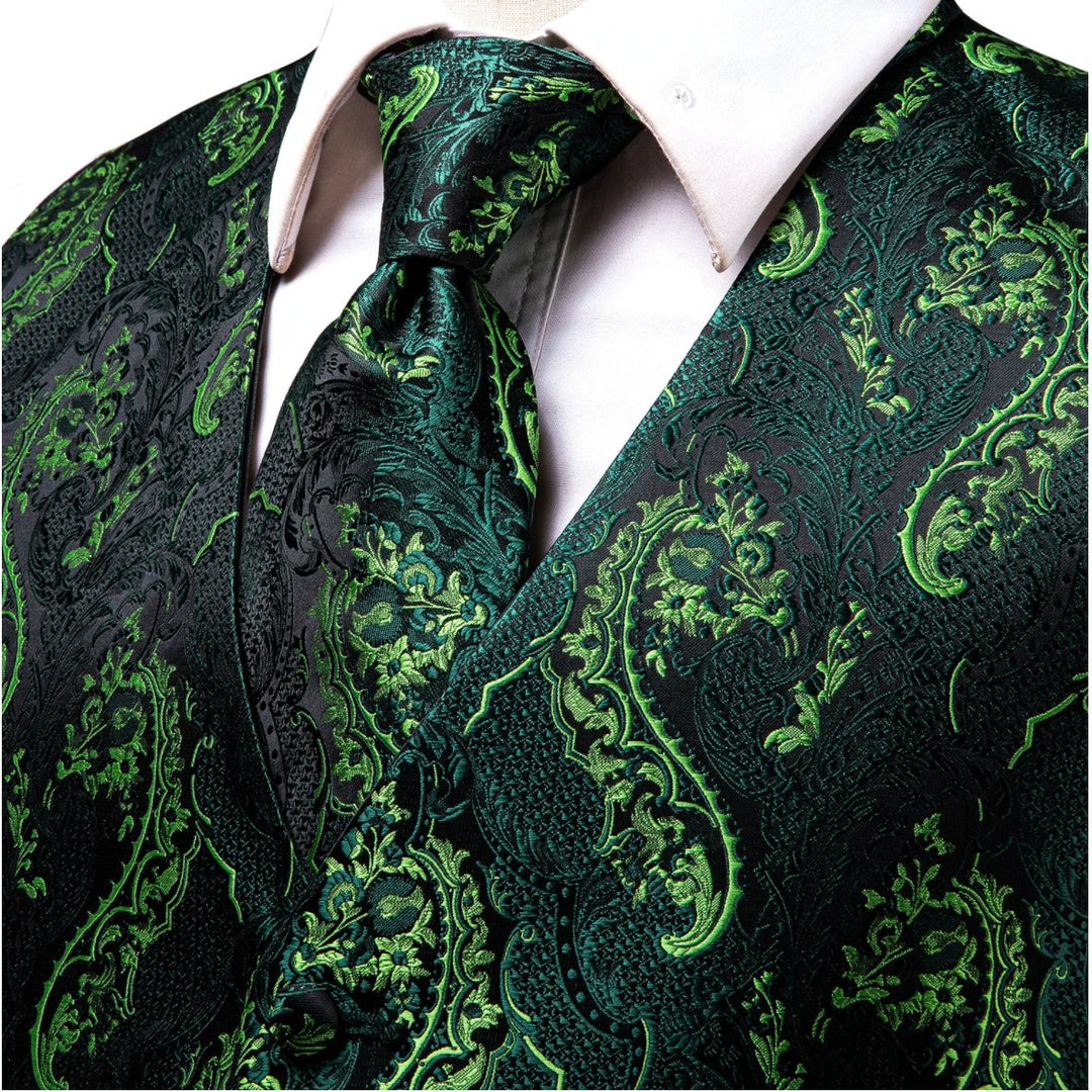 Green Yellow 4 PC Paisley Waistcoat and Necktie Pocket Square Cufflink Vest Set- MJ-0025 - SimonVon Shop