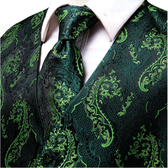 Green Yellow 4 PC Paisley Waistcoat and Necktie Pocket Square Cufflink Vest Set- MJ-0025 - SimonVon Shop
