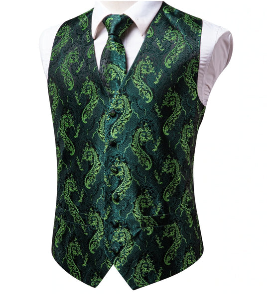 Green Yellow 4 PC Paisley Waistcoat and Necktie Pocket Square Cufflink Vest Set- MJ-0025 - SimonVon Shop