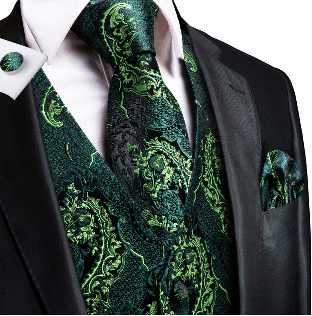 Green Yellow 4 PC Paisley Waistcoat and Necktie Pocket Square Cufflink Vest Set- MJ-0025 - SimonVon Shop