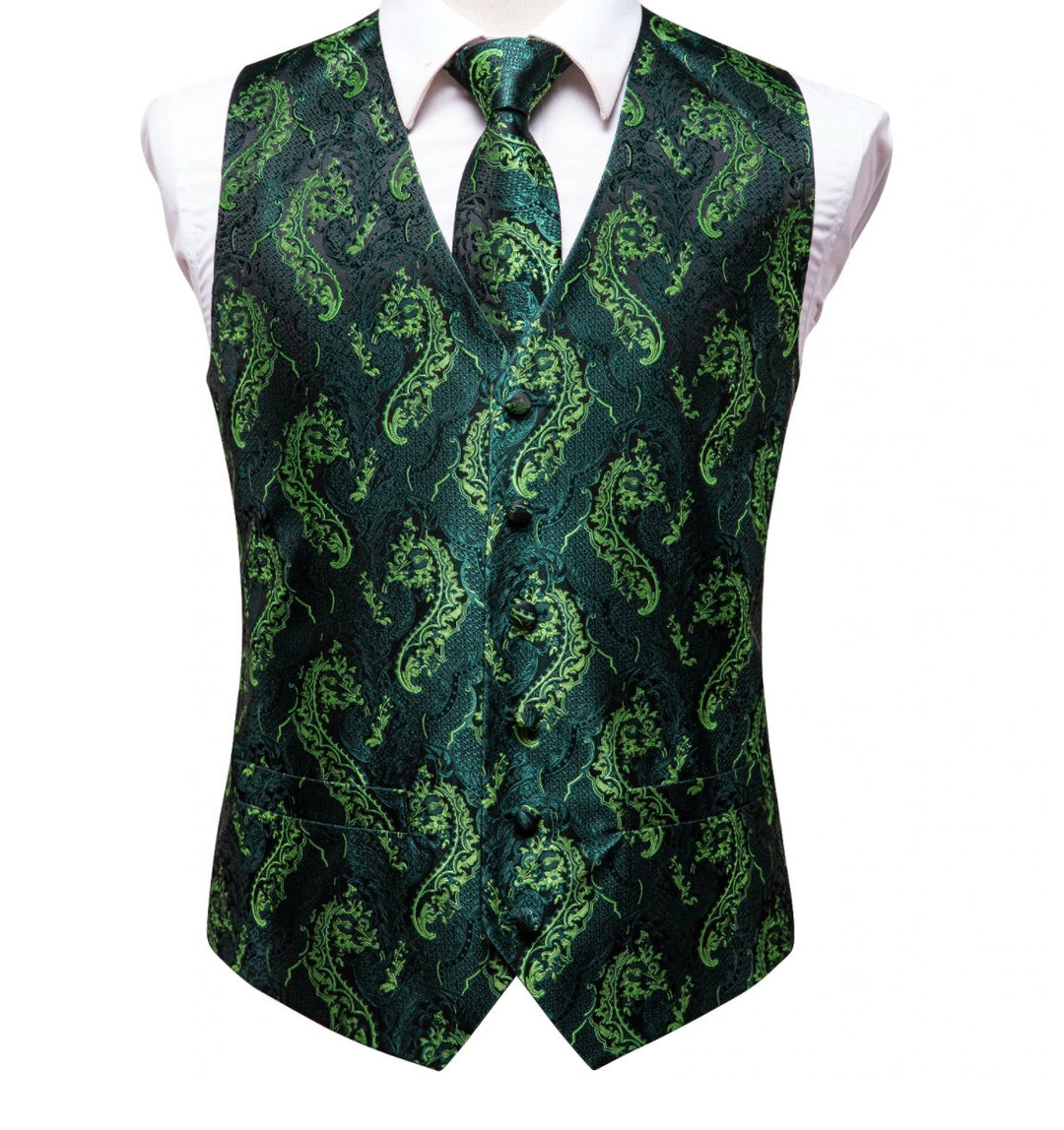 Green Yellow 4 PC Paisley Waistcoat and Necktie Pocket Square Cufflink Vest Set- MJ-0025 - SimonVon Shop