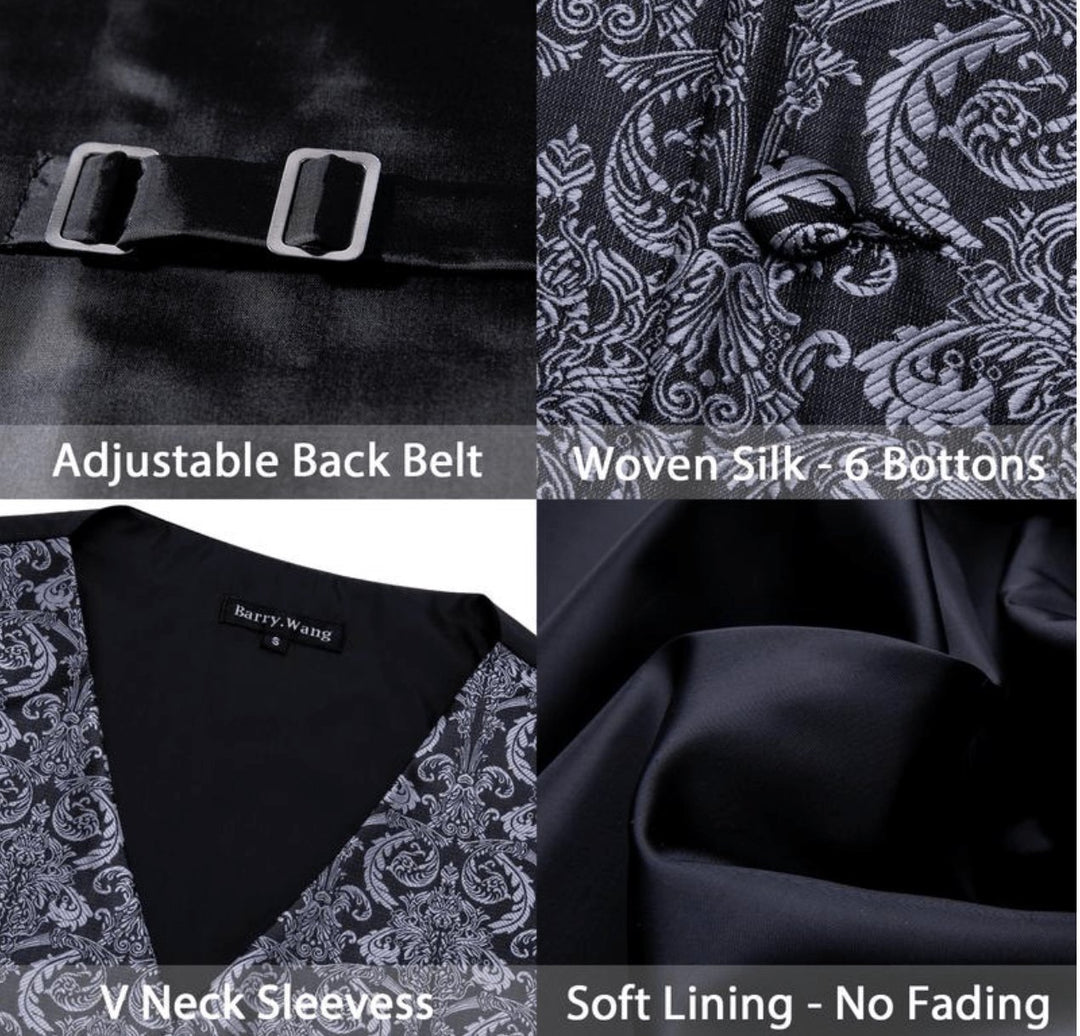 Grey Black Floral Jacquard Silk Waistcoat Vest Handkerchief Cufflinks Tie Vest Set- Mj-0011 - SimonVon Shop