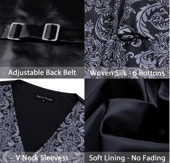 Grey Black Floral Jacquard Silk Waistcoat Vest Handkerchief Cufflinks Tie Vest Set- Mj-0011 - SimonVon Shop