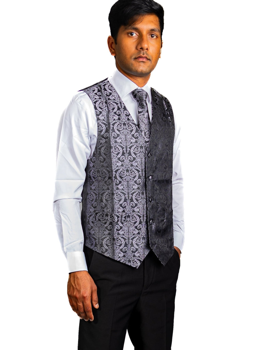 Grey Black Floral Jacquard Silk Waistcoat Vest Handkerchief Cufflinks Tie Vest Set- Mj-0011 - SimonVon Shop