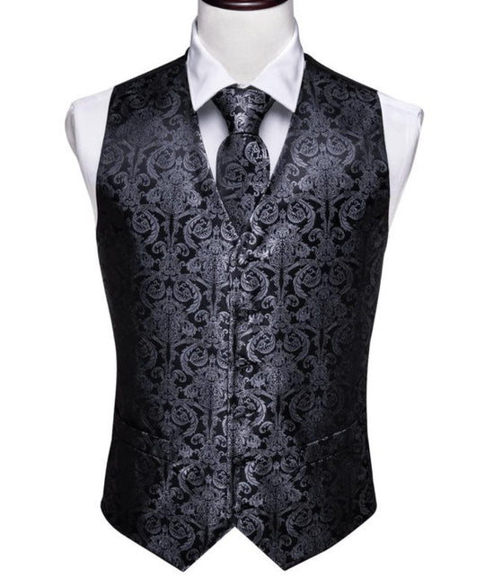 Grey Black Floral Jacquard Silk Waistcoat Vest Handkerchief Cufflinks Tie Vest Set- Mj-0011 - SimonVon Shop