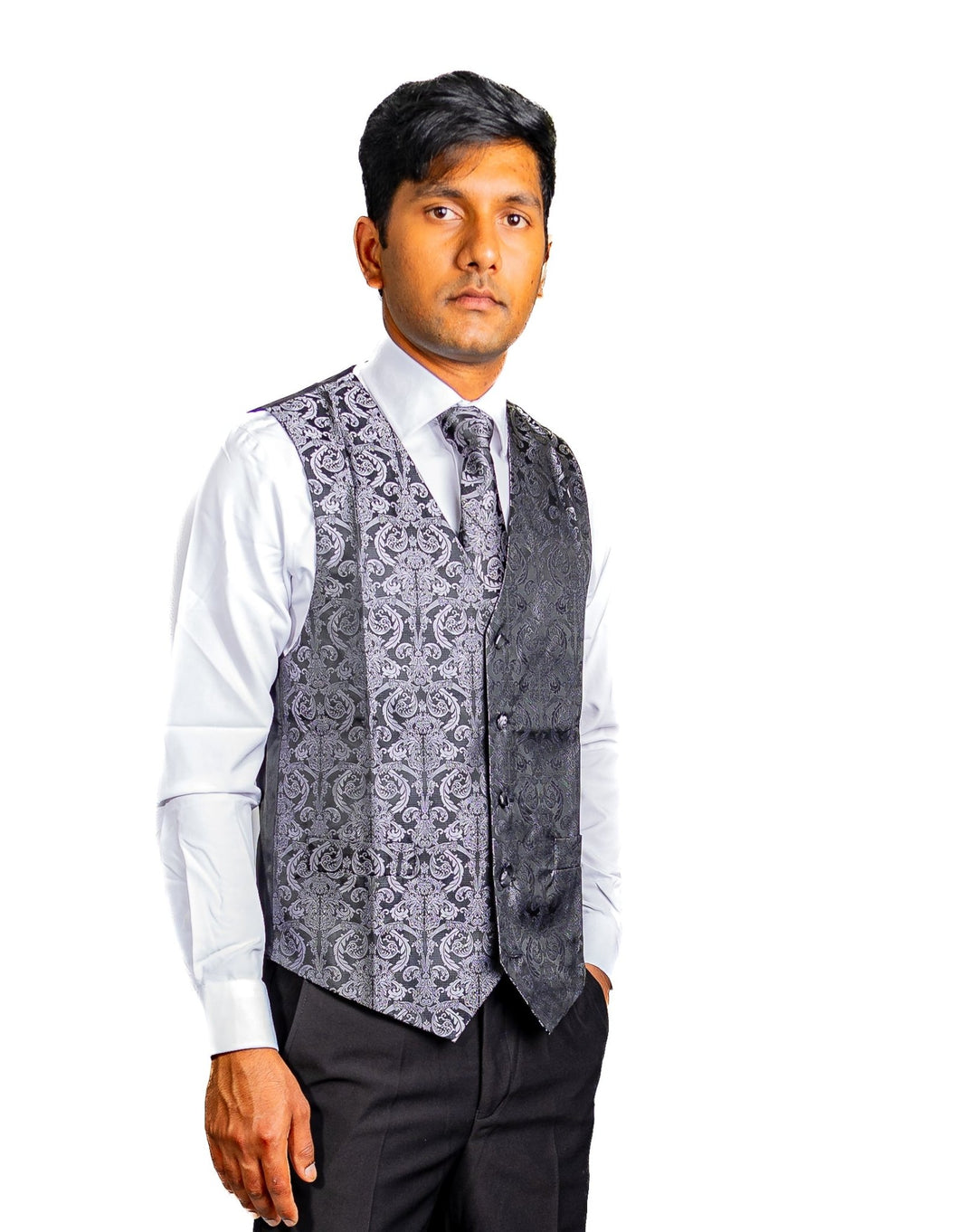 Grey Black Floral Jacquard Silk Waistcoat Vest Handkerchief Cufflinks Tie Vest Set- Mj-0011 - SimonVon Shop