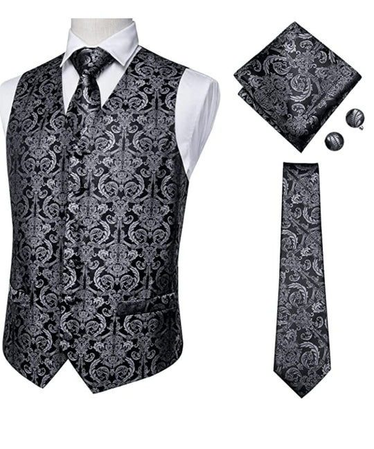 Grey Black Floral Jacquard Silk Waistcoat Vest Handkerchief Cufflinks Tie Vest Set- Mj-0011 - SimonVon Shop