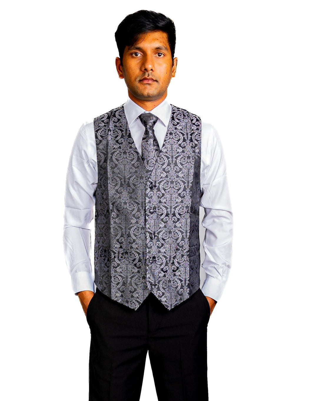 Grey Black Floral Jacquard Silk Waistcoat Vest Handkerchief Cufflinks Tie Vest Set-Mj-2003 - SimonVon Shop