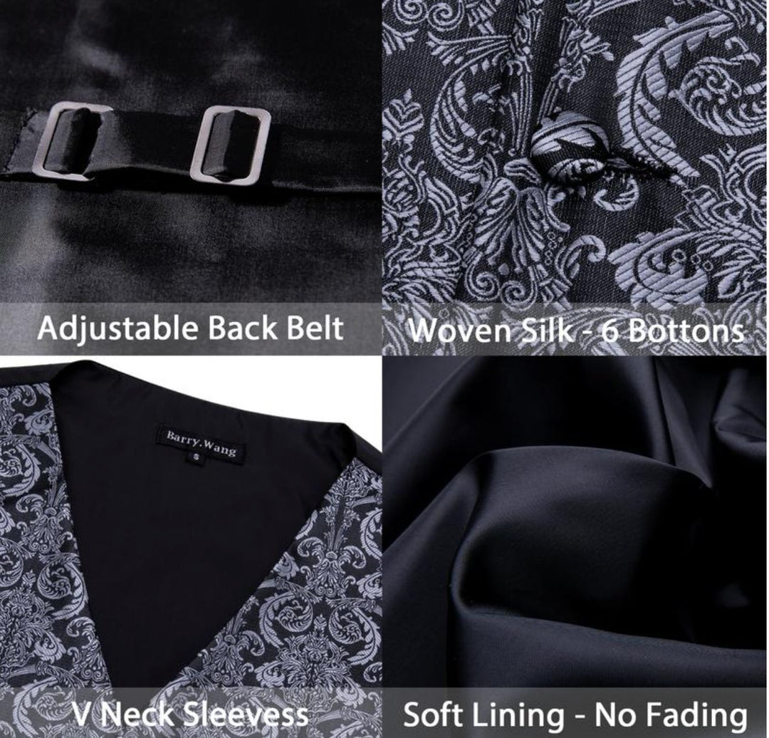 Grey Black Floral Jacquard Silk Waistcoat Vest Handkerchief Cufflinks Tie Vest Set-Mj-2003 - SimonVon Shop