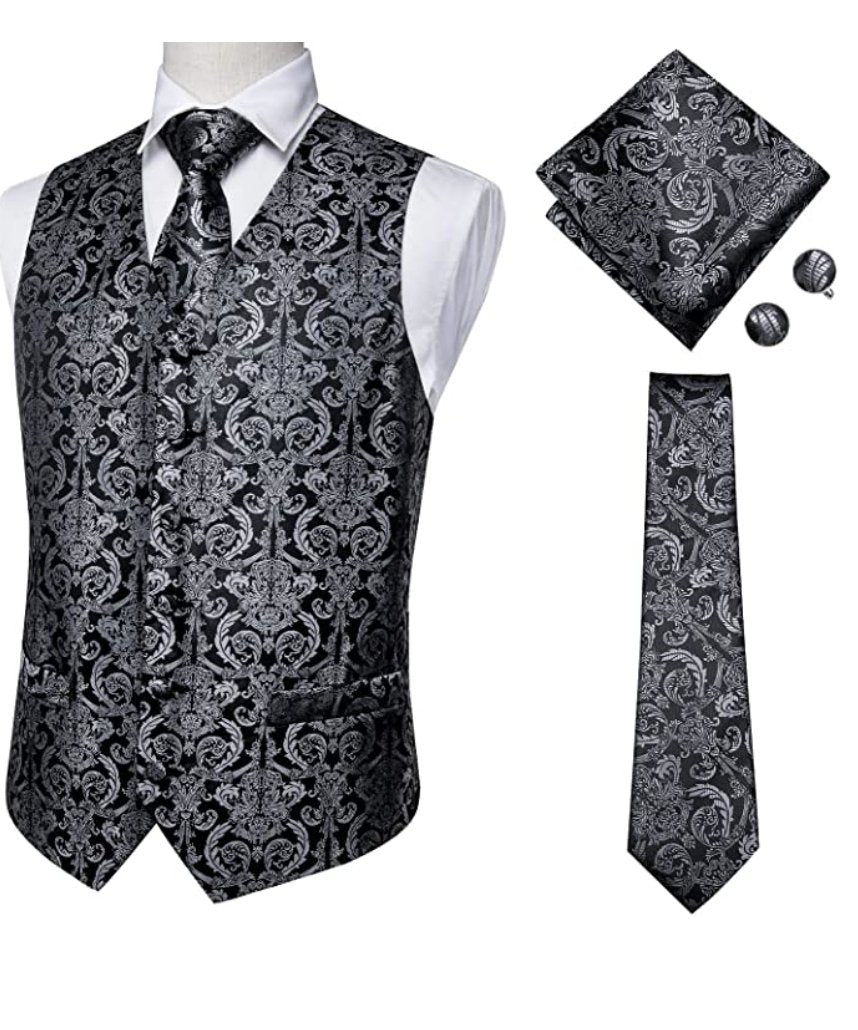 Grey Black Floral Jacquard Silk Waistcoat Vest Handkerchief Cufflinks Tie Vest Set-Mj-2003 - SimonVon Shop