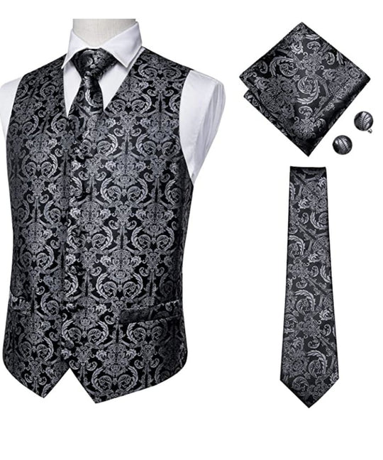 Grey Black Floral Jacquard Silk Waistcoat Vest Handkerchief Cufflinks Tie Vest Set-Mj-2003 - SimonVon Shop