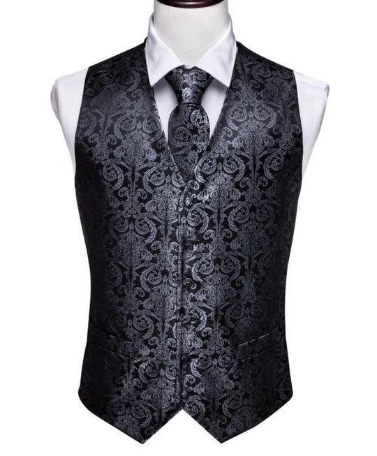Grey Black Floral Jacquard Silk Waistcoat Vest Handkerchief Cufflinks Tie Vest Set-Mj-2003 - SimonVon Shop