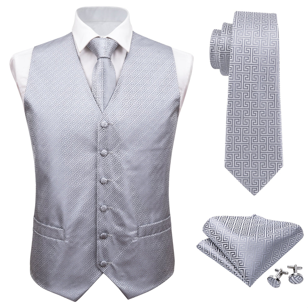 Grey Geometry Silk Vest Necktie Pocket square Cufflinks- MJ-2007 - SimonVon Shop