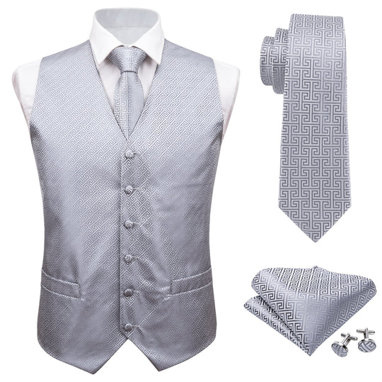 Grey Geometry Silk Vest Necktie Pocket square Cufflinks- MJ-2007 - SimonVon Shop