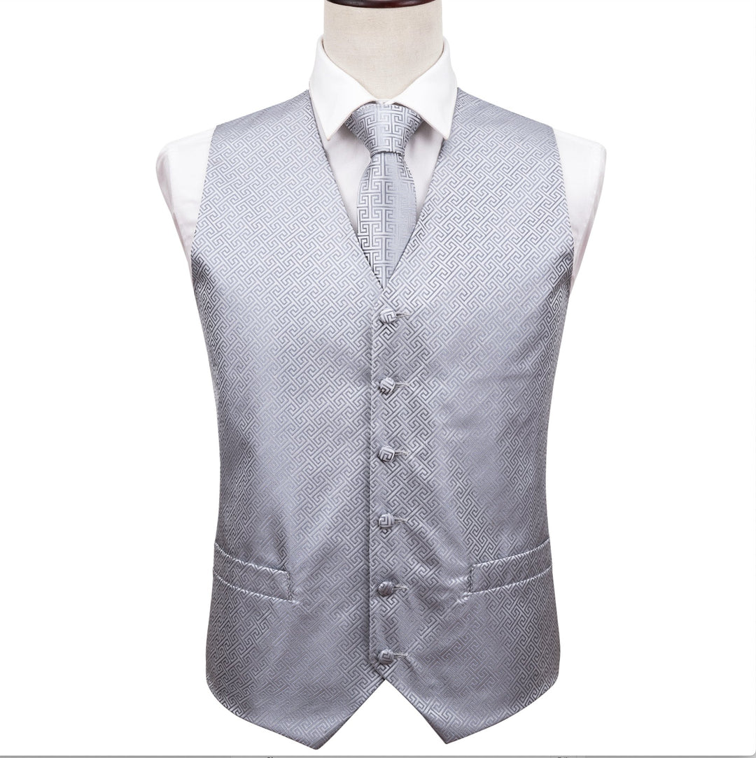 Grey Geometry Silk Vest Necktie Pocket square Cufflinks- MJ-2007 - SimonVon Shop