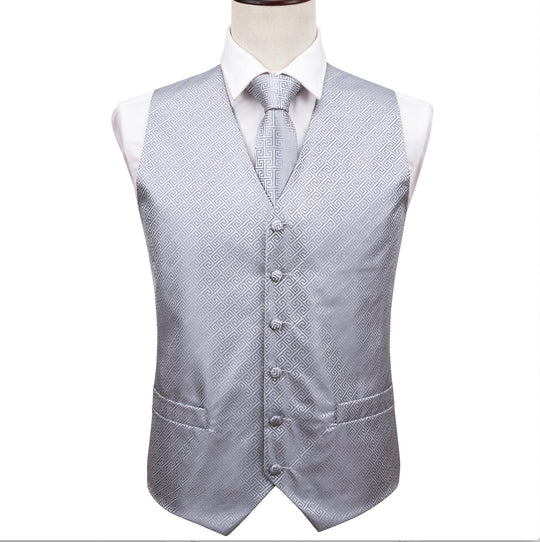 Grey Geometry Silk Vest Necktie Pocket square Cufflinks- MJ-2007 - SimonVon Shop