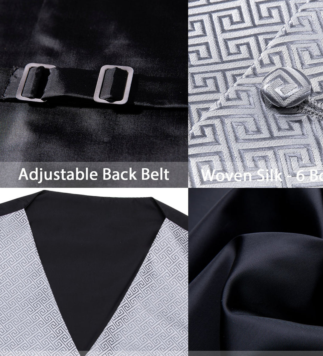 Grey Geometry Silk Vest Necktie Pocket square Cufflinks- MJ-2007 - SimonVon Shop