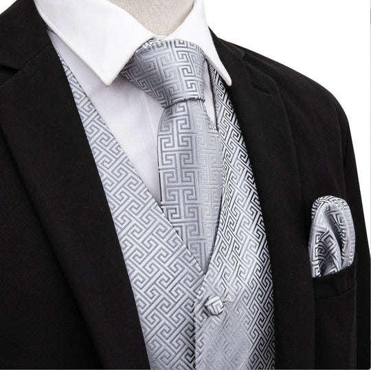 Grey Geometry Silk Vest Necktie Pocket square Cufflinks- MJ-2007 - SimonVon Shop