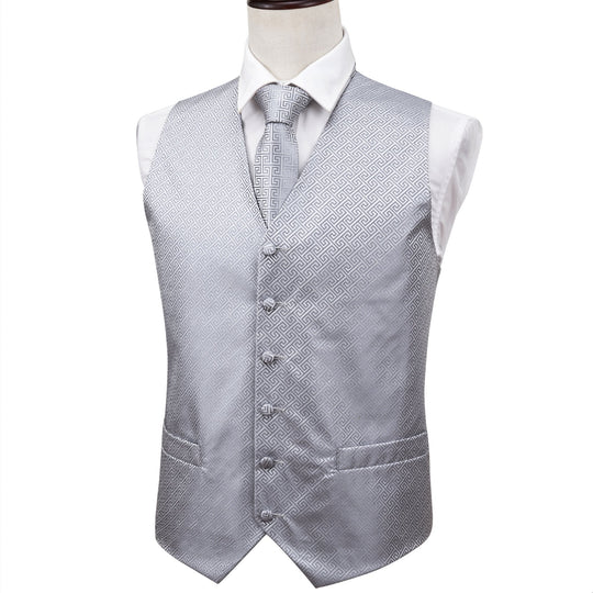 Grey Geometry Silk Vest Necktie Pocket square Cufflinks- MJ-2007 - SimonVon Shop