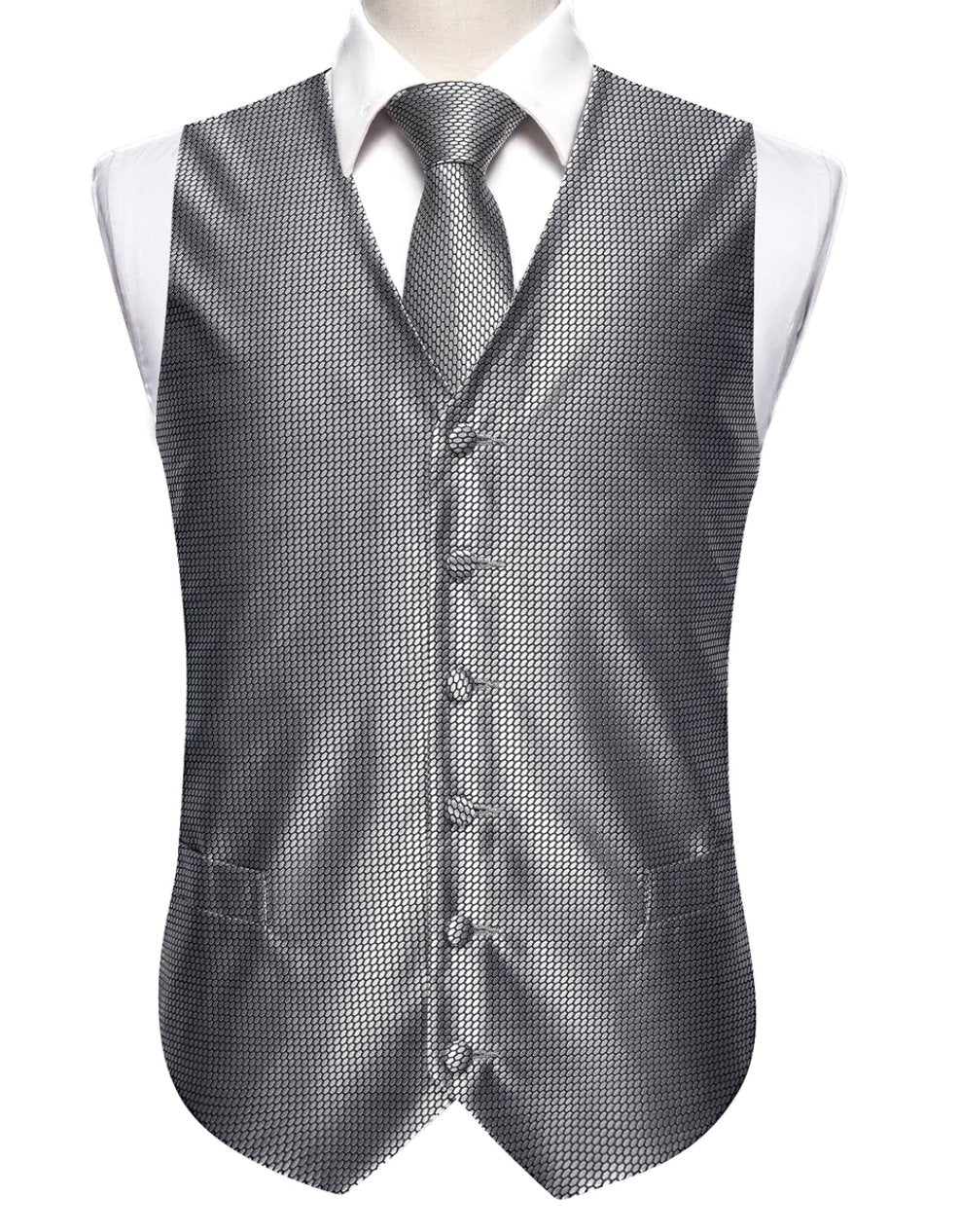 Grey Plaid Silk Men's Vest Hanky Cufflinks Tie Set Waistcoat Suit Set- MJ-2524 - SimonVon Shop