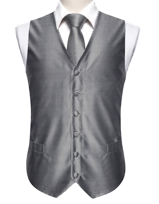 Grey Plaid Silk Men's Vest Hanky Cufflinks Tie Set Waistcoat Suit Set- MJ-2524 - SimonVon Shop