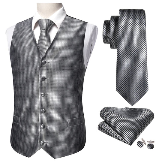Grey Plaid Silk Men's Vest Hanky Cufflinks Tie Set Waistcoat Suit Set- MJ-2524 - SimonVon Shop