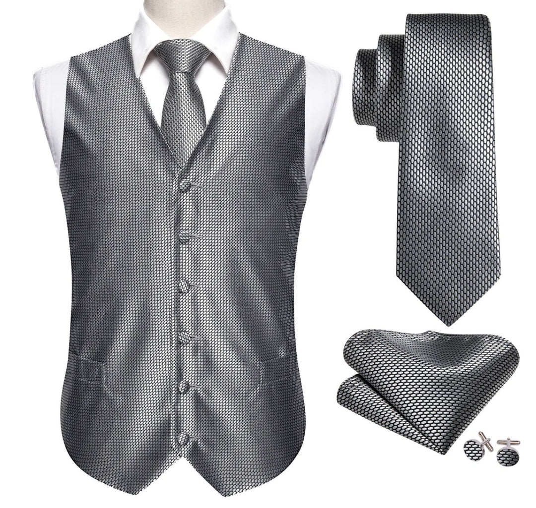 Grey Plaid Silk Men's Vest Hanky Cufflinks Tie Set Waistcoat Suit Set- MJ-2524 - SimonVon Shop