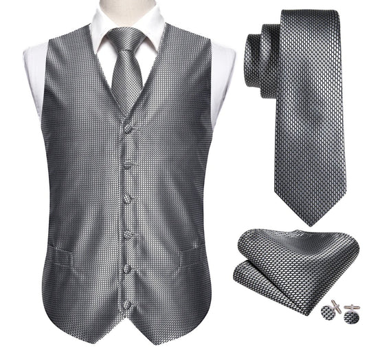 Grey Plaid Silk Men's Vest Hanky Cufflinks Tie Set Waistcoat Suit Set- MJ-2524 - SimonVon Shop