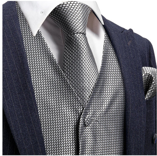 Grey Plaid Silk Men's Vest Hanky Cufflinks Tie Set Waistcoat Suit Set- MJ-2524 - SimonVon Shop