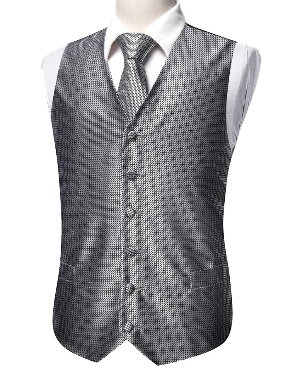 Grey Plaid Silk Men's Vest Hanky Cufflinks Tie Set Waistcoat Suit Set- MJ-2524 - SimonVon Shop