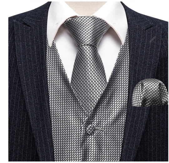 Grey Plaid Silk Men's Vest Hanky Cufflinks Tie Set Waistcoat Suit Set- MJ-2524 - SimonVon Shop